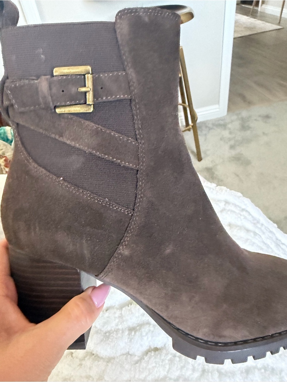 Blondo Taupe Suede Ankle Boot with Buckle Accent